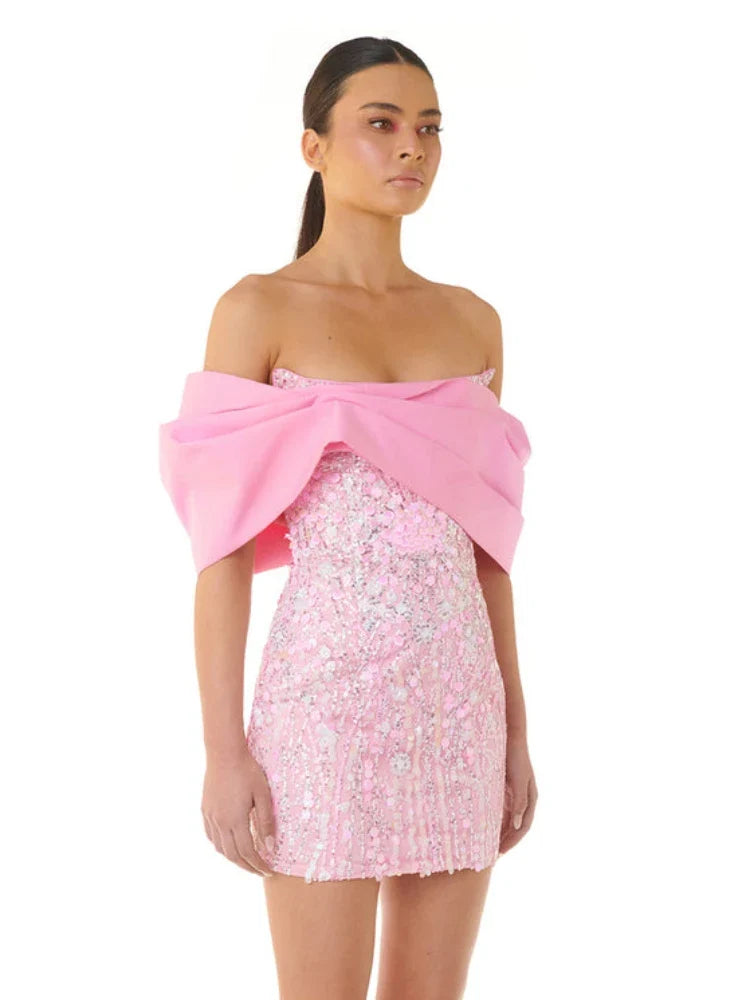 New Sexy Off Shoulder Sequins Pink Slash Neck Sparkly Elegant Christmas Party Dress Dresses-L