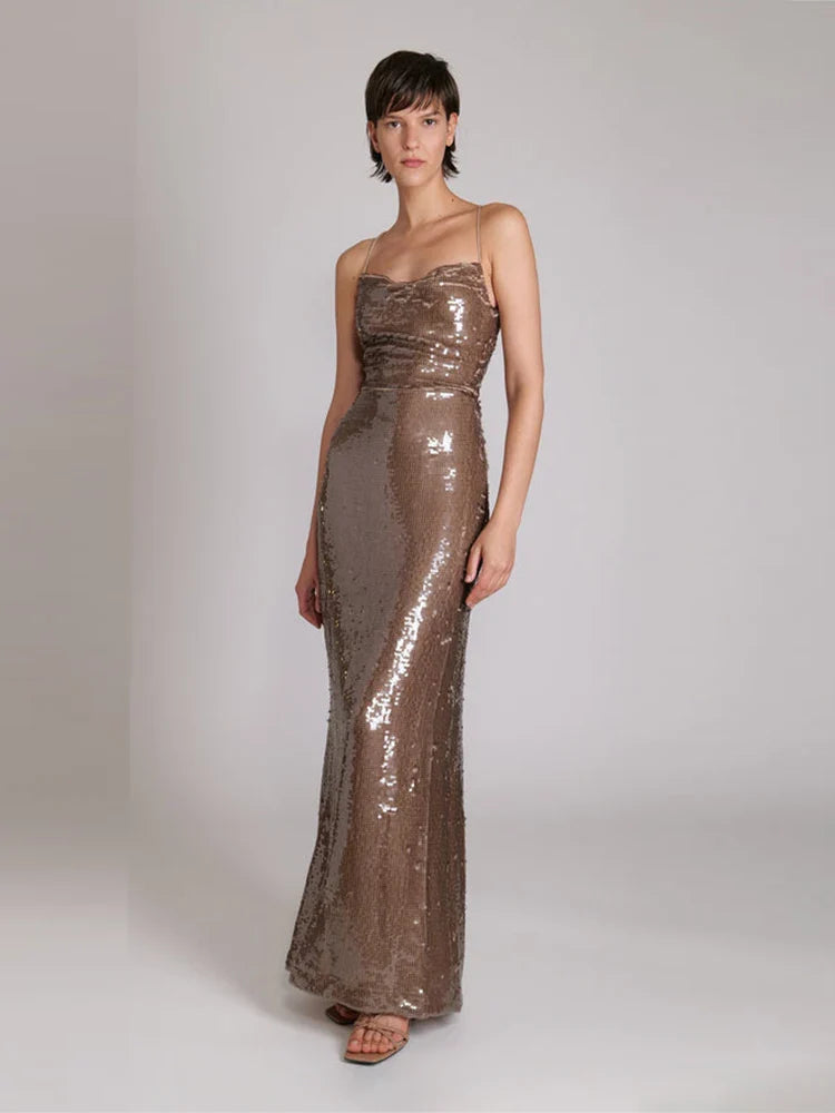 New Sexy Sleeveless Backless Lace-Up Slim Long Dress Bright Sequins Christmas Party Dresses-L