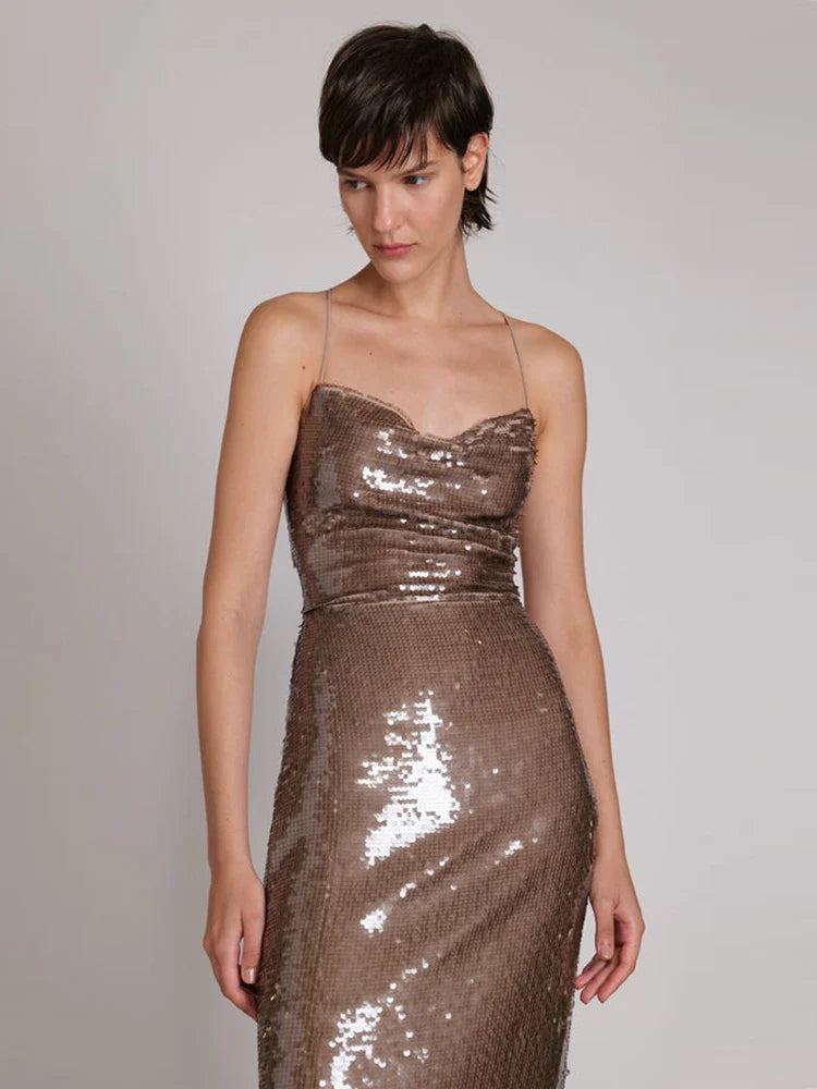 New Sexy Sleeveless Backless Lace-Up Slim Long Dress Bright Sequins Christmas Party Dresses-L
