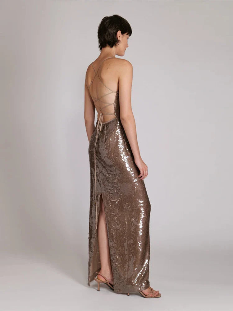 New Sexy Sleeveless Backless Lace-Up Slim Long Dress Bright Sequins Christmas Party Dresses-L