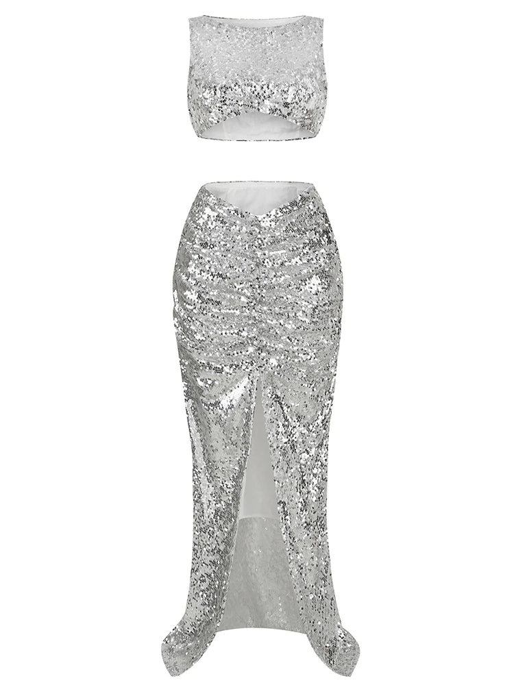 New Summer Silver Fashion Sequins Two-Piece Set Sleeveless Skirt Christmas Party Dress / S Dresses-L