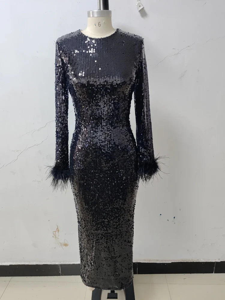 New Women O Neck Long Sleeve Luxury Sequin Feather Christmas Party Dress Black / S Dresses-L