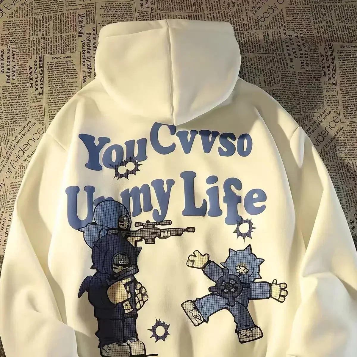 Retro Large Size Gothic Print Hoodie White / S