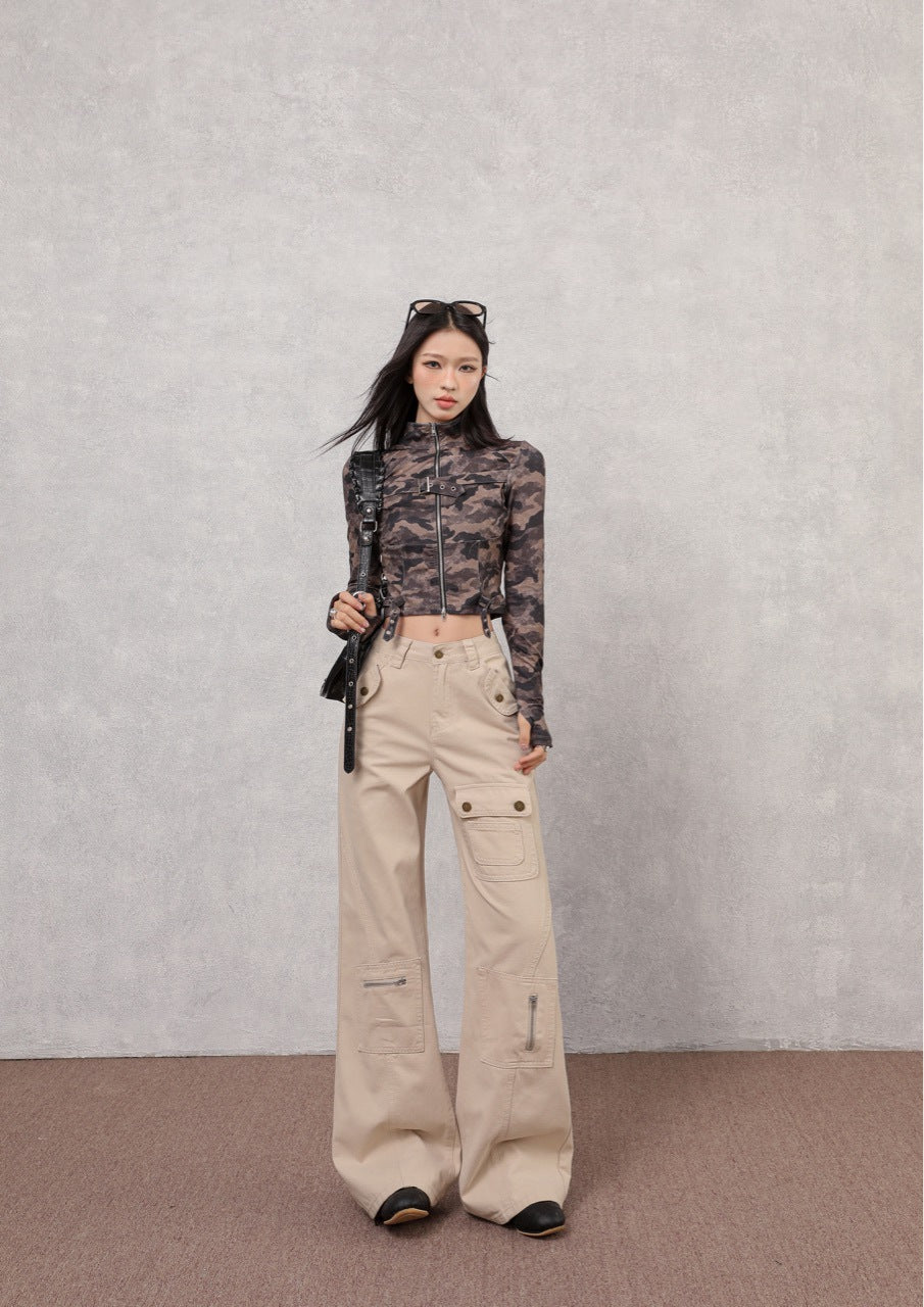 Denim Multi-Pocket High Waist Flared Cargo Pants
