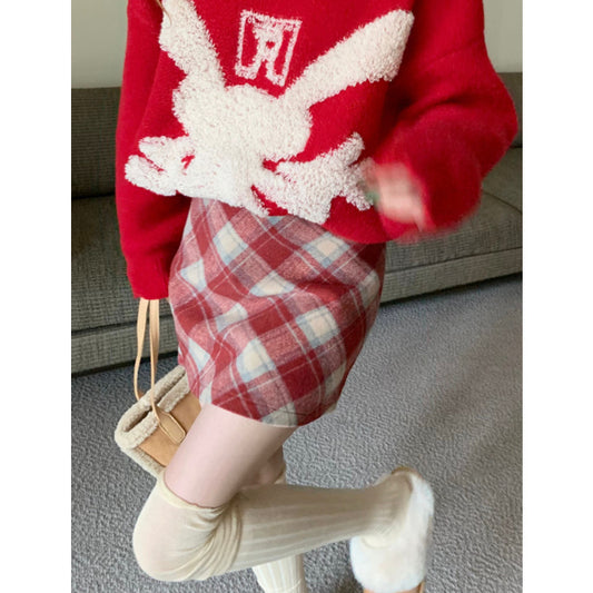 Wollkarorock in Übergröße mit hohem Bund und hohem Bund