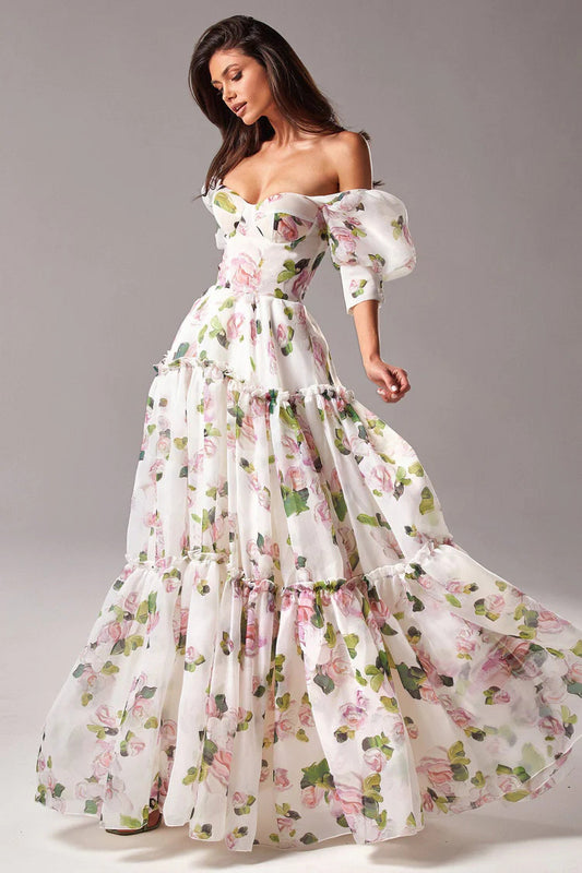 Floral Print Off Shoulder Puff Sleeve Organza Maxi Dress