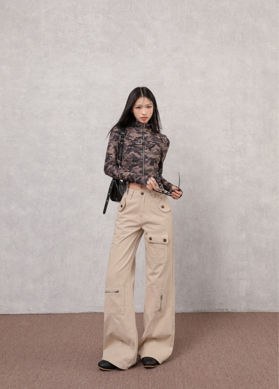 Denim Multi-Pocket High Waist Flared Cargo Pants