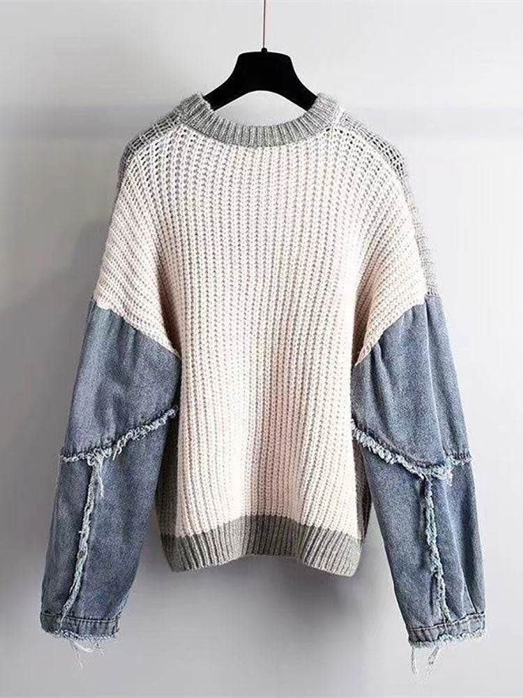 Knitted Color Block Turtleneck Modern Long Sleeve Sweater - Pink Sweaters-L