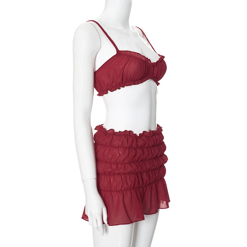 Ruched Bralette And Low Graceful Waist Mini Skirt Set