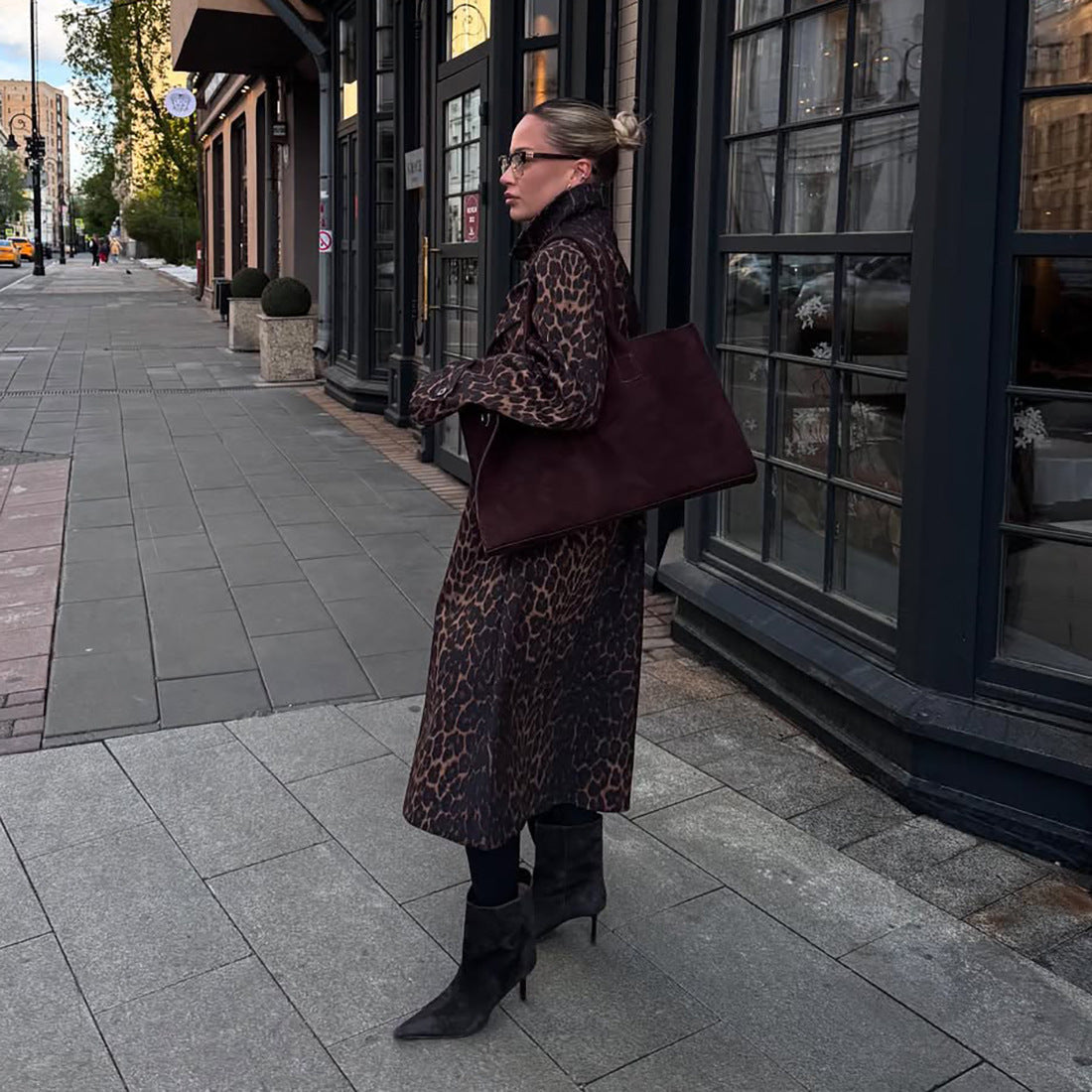 Leopard Stand Collar Stylish Long Overcoat Brown / S