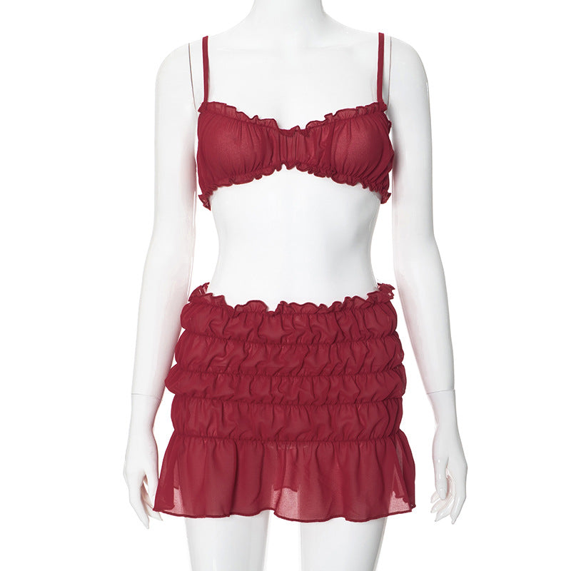 Ruched Bralette And Low Graceful Waist Mini Skirt Set