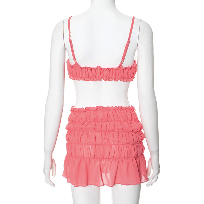 Ruched Bralette And Low Graceful Waist Mini Skirt Set