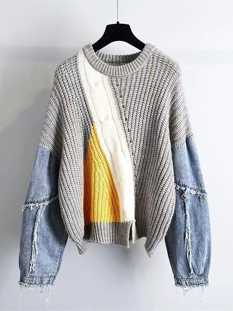 Knitted Color Block Turtleneck Modern Long Sleeve Sweater - Pink Sweaters-L