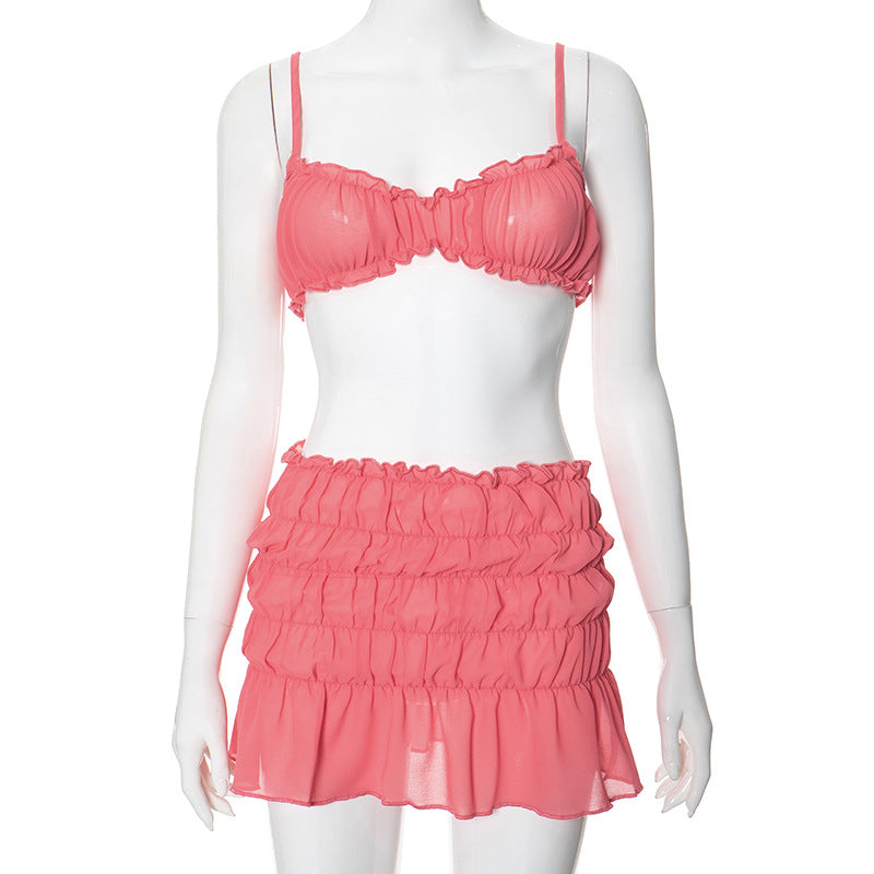 Ruched Bralette And Low Graceful Waist Mini Skirt Set