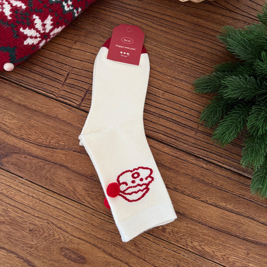 Nahtlose Socken aus rotem Argyle-Schneeflocken-Kaninchenfleece, mittelhoch, bis zur Wade