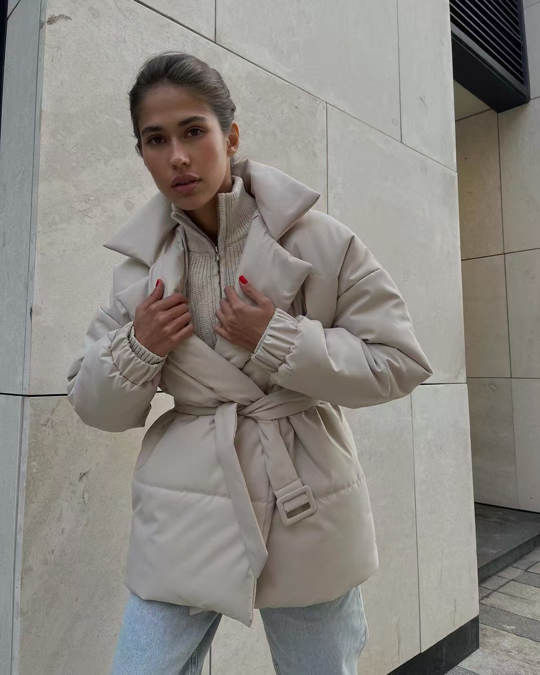 Tie Waist Cotton V-Neck Puffer Jacket S / Apricot