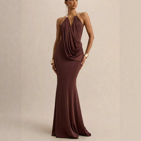 Ruffle Cowl Neck Bodycon Maxi Dress