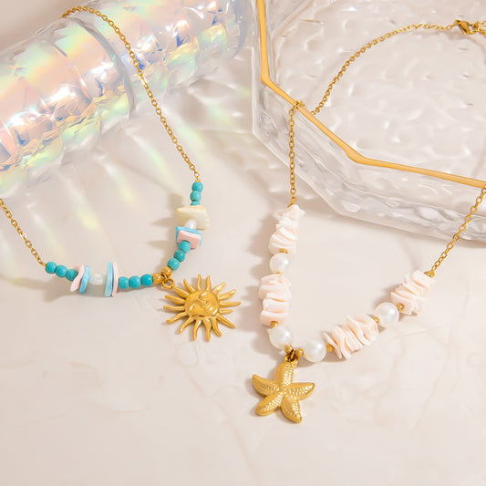 Halskette aus Edelstahl, Naturstein, Perle, Seestern und Sonne