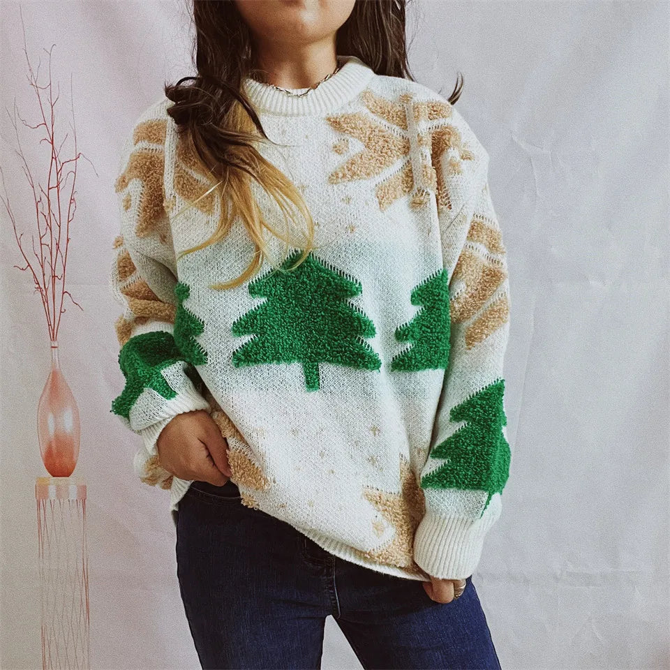 Green Fashion Tree Embroidery Knitted Pullover Casual Loose Retro Christmas Sweater Off-White / S