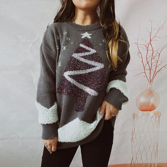 Tree Gold Thread Flocked Round Neck Long Sleeved Loose Knit Pullover Christmas Sweater Gray / S
