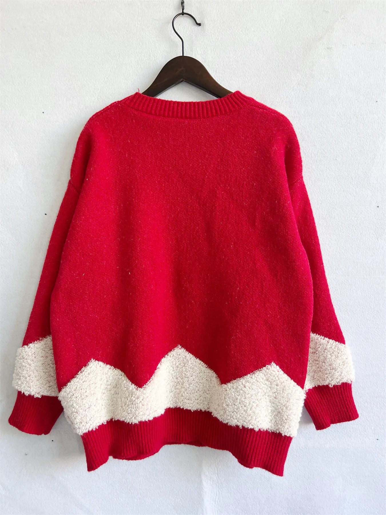 Tree Gold Thread Flocked Round Neck Long Sleeved Loose Knit Pullover Christmas Sweater Sweaters-L
