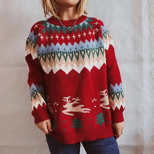 Elk Christmas Tree Gold Pullover Sweater Red / S Sweaters-L