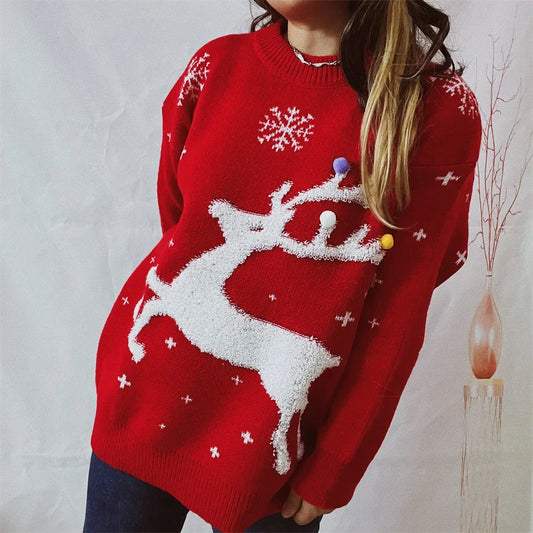 Korean Style Casual Loose Christmas Pullover Red Sweater Sweaters-L