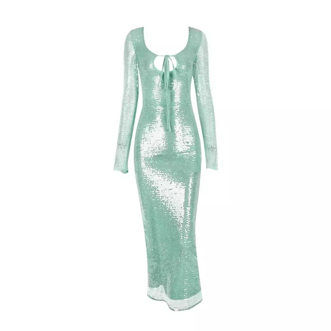 Long Sleeve Formal Occasion Dresses Sequins Elegant Maxi Dress Wedding Christmas Party Dresses-L