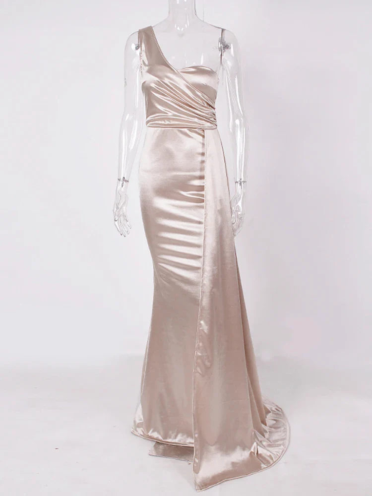 One-Shoulder Ruched Satin Party Dress Ivory / 4 Partydress-241208