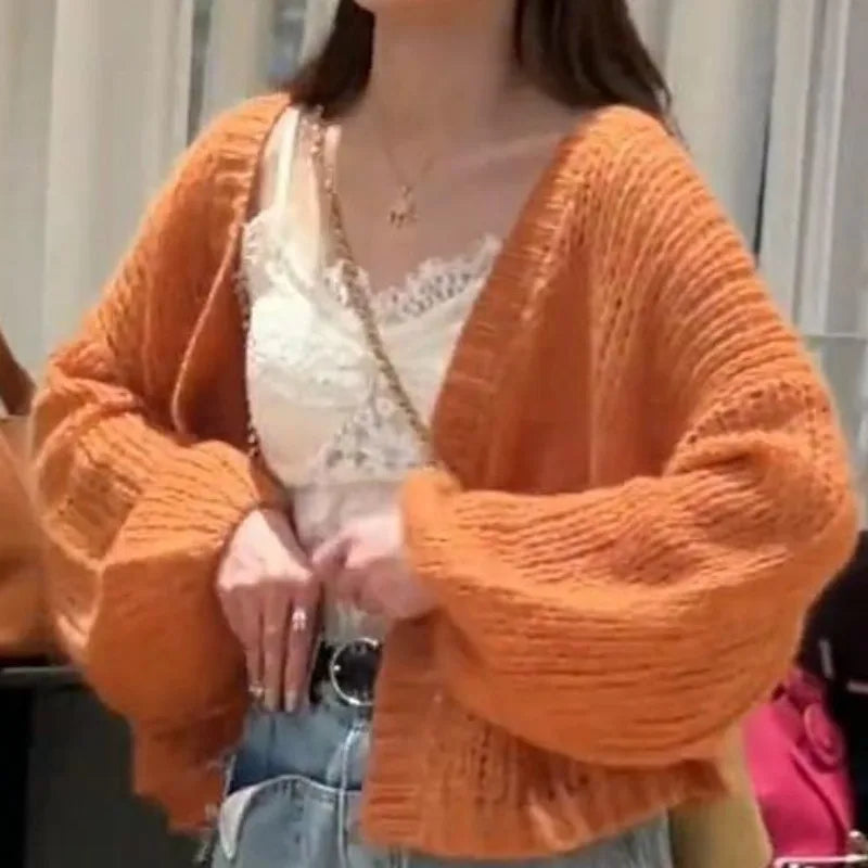 Orange Lantern Sleeve Open Stitch Loose Spring Cardigan cardiagn-250126