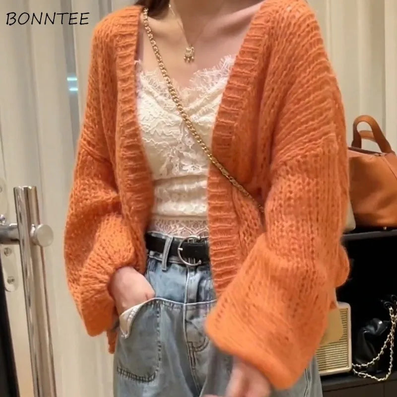 Orange Lantern Sleeve Open Stitch Loose Spring Cardigan cardiagn-250126