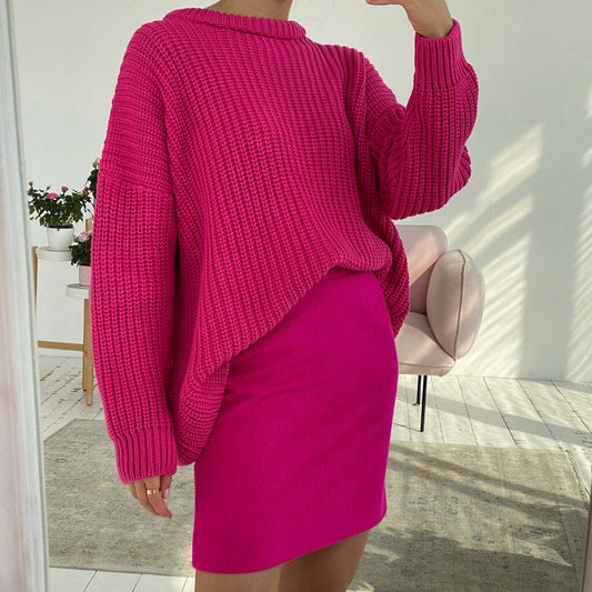 Candy Color Crewneck Trendy Pullover Sweater - Purple M / Rose Sweaters