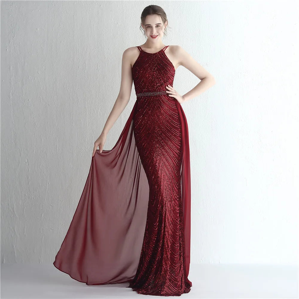 Green Off Shoulder Tassel Sequin Evening Dress Sexy Cross Back Christmas Party Claret / 2 Dresses-L