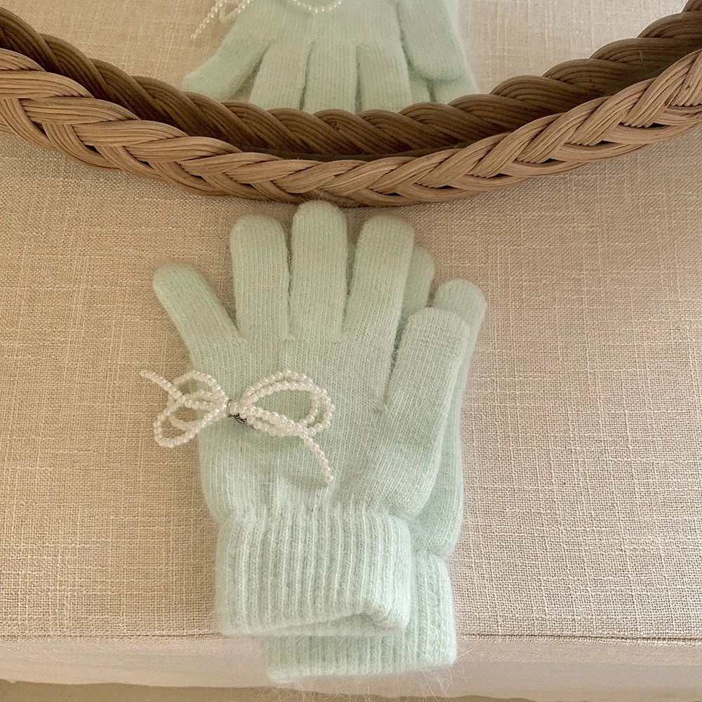 Pearl Bow Knot Winter Wool Furry Thickened Warm Soft Y2K Lolita Cosplay Christmas Gloves Green
