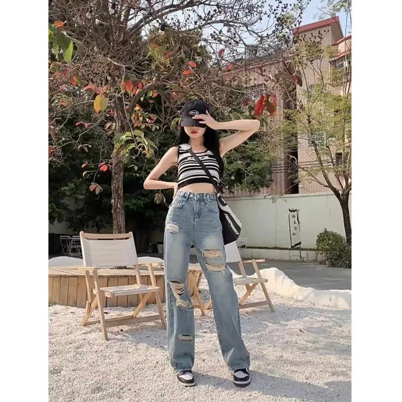 Perforated Jean Pear-Shaped Figure High Waist Straight Tube Loose Fitting Wide Leg Pants Small