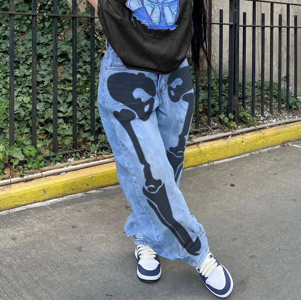 Personality Skull Print High Waist Straight Leg Slouchy American Street Y2K Jean Light Blue / S