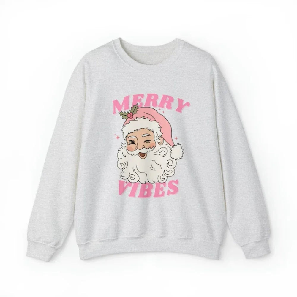 Pink Holiday Season Merry Vibes Cute Funny Kawaii Xmas Santa Christmas Hoodie Light Grey / S