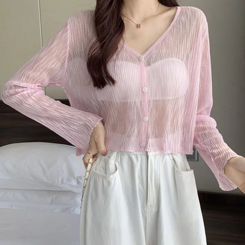 Ice Silk See-Through Thin Single Breasted Pink Knit Cardigan cardiagn-250126
