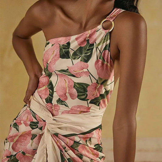 Pink Printed One Shoulder Tie One Piece Swimsuit Pink / S onepiece-250223