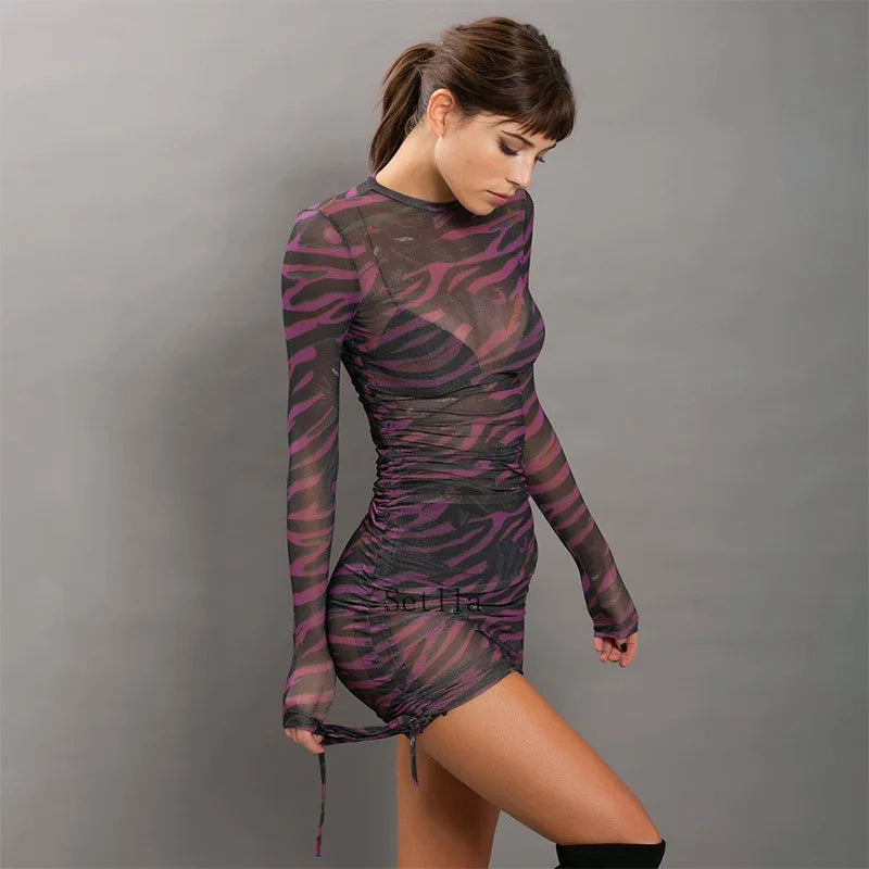 Print Mesh Drawstring Ruched Clubwear Mini Dress Black / S