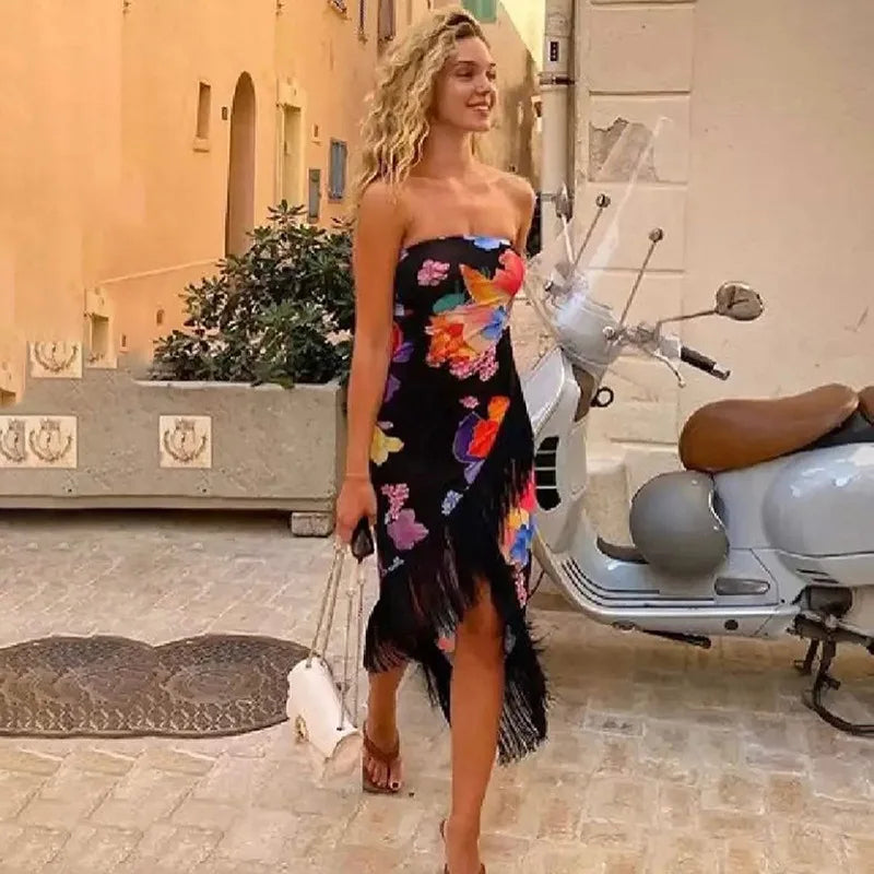 Print Off Shoulder Ruffle Strapless Backless Sleeveless Slimevening Vestidos Floral Dress