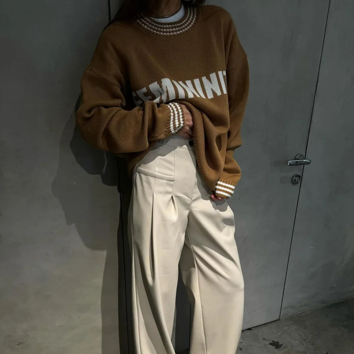 Printed Striped Cozy Stylish Loose Round Neck Comfortable Trendy Autumn Sweater Brown / S Sweaters-L