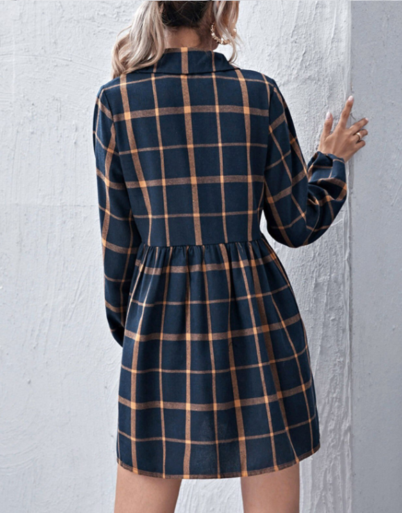 Navy V Neck Plaid Prints Buttons Casual Sweet Dress For Women Dresses