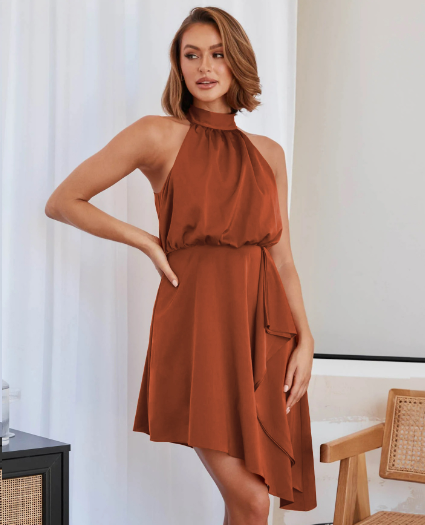 Satin Strap Dress With Hanging Neck S / Dark Dresses