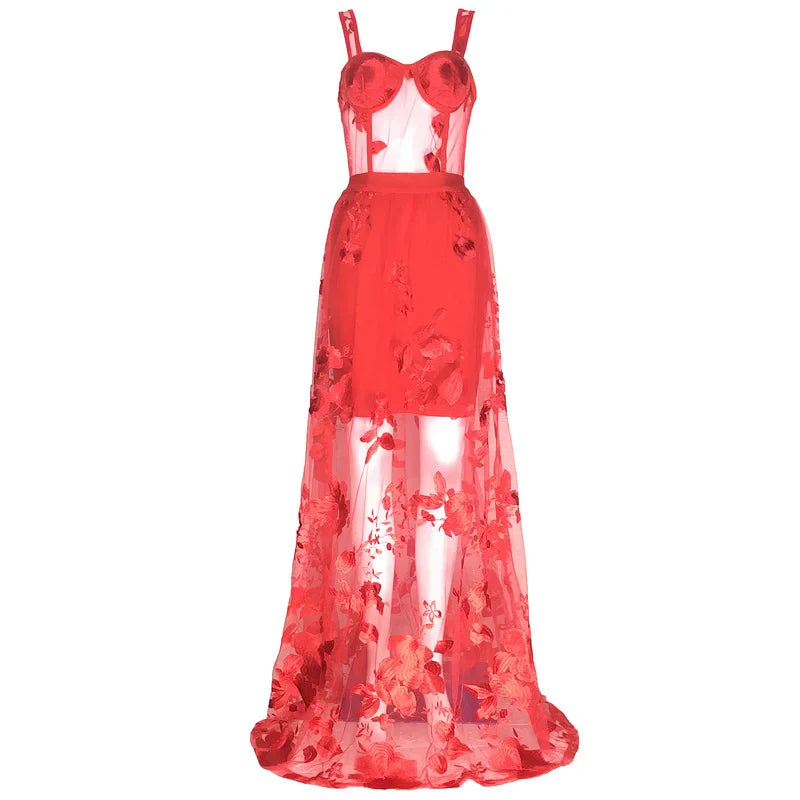 Red Color Celebrity Fashion Sleeveless Sexy Backless Lace Long Dress Christmas Party Dresses-L