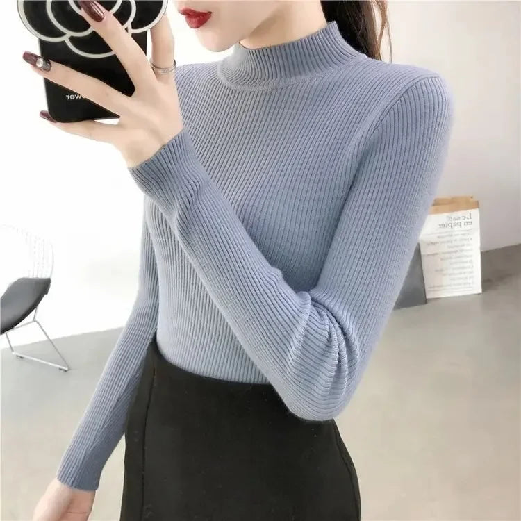 Slim Fit Stand Collar Long Sleeve Basic Knitted Christmas Sweater Light Blue / S Sweaters-L