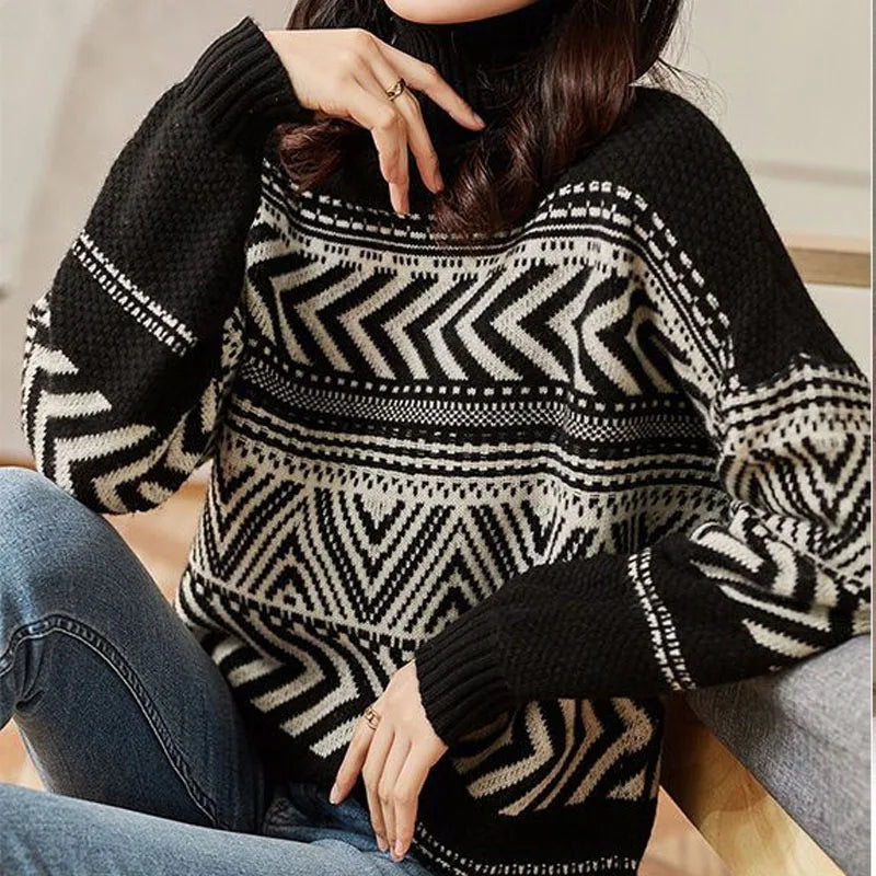 Loose Casual Versatile Fashionable High Neck Red Christmas Sweater Sweaters-L