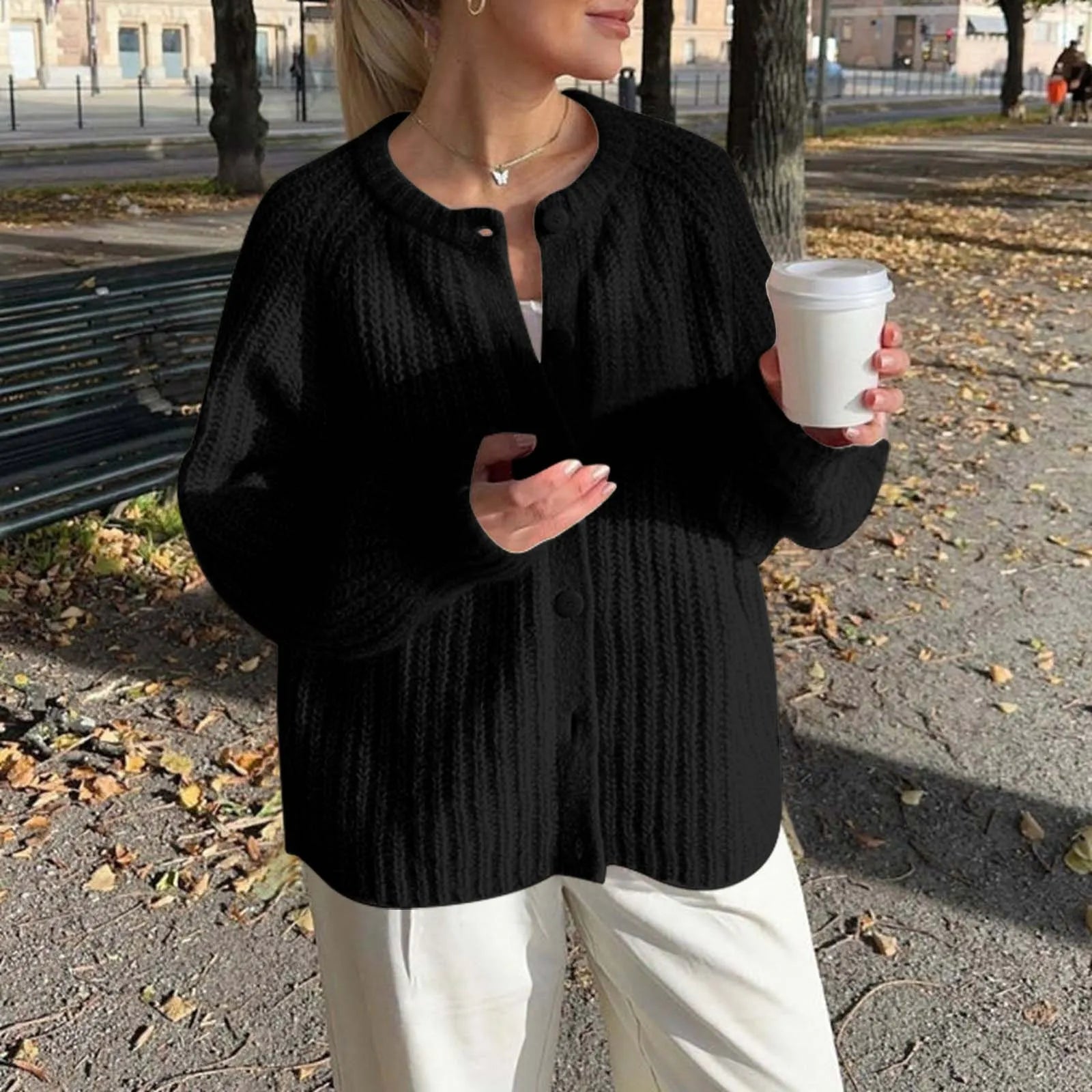 Warm Chunky Knit Long Sleeve Red Cardigan Black-2 / S Cardigan-241208