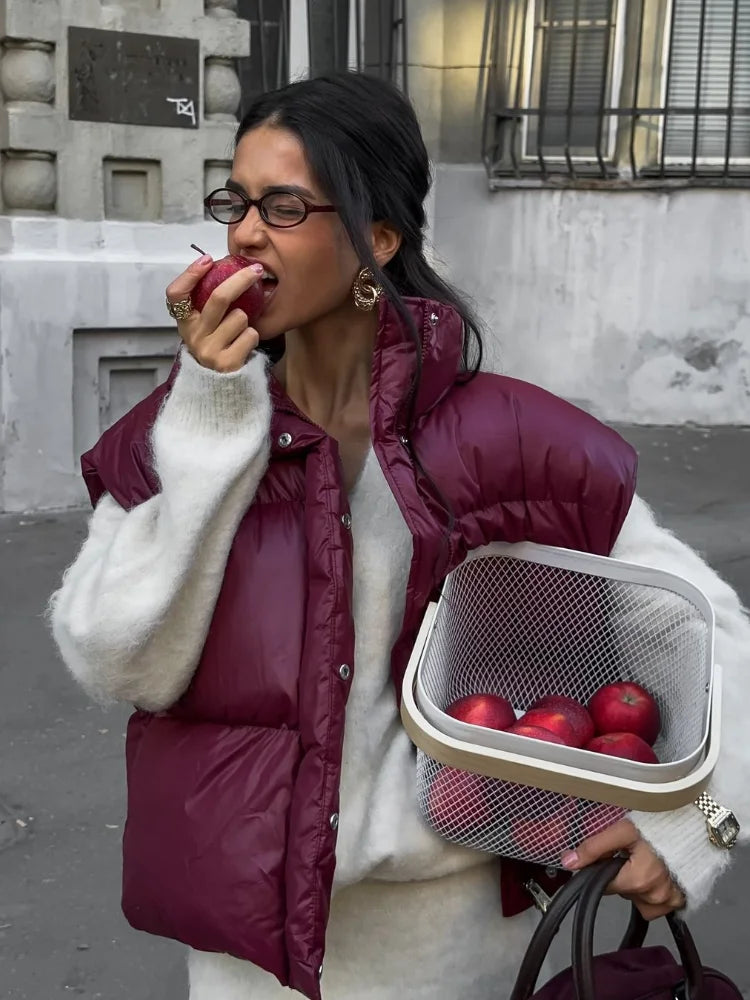 Burgundy Snap Buttons Stand Collar Vest Coat Coats-241208