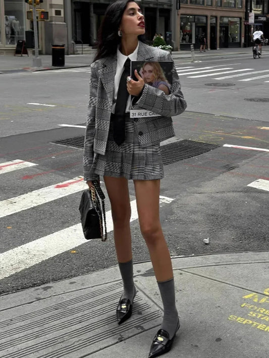 Retro Plaid Plissee Revers Büro Zweiteiler Set